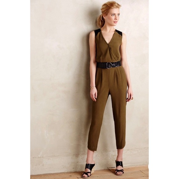 leifsdottir Pants - Anthropologie Leifsdottir Whimsigoth Olive Green Black Jumpsuit Lace Belt Sz 10
